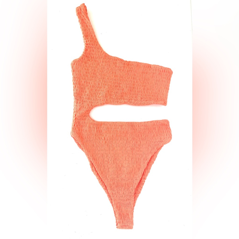 Naked Wardrobe Swim | Orange Smocked 1-Piece Cutout Bikini Size S Style NW-W0521